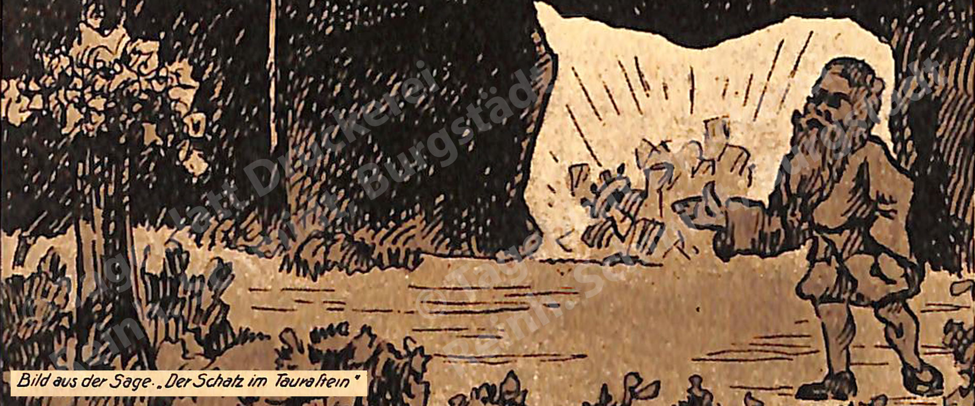 Der Schatz im Taurastein - Teil einer Postkarte aus dem Jahr 1938 (Tageblatt-Druckerei Reinh. Schmidt, Burgstädt