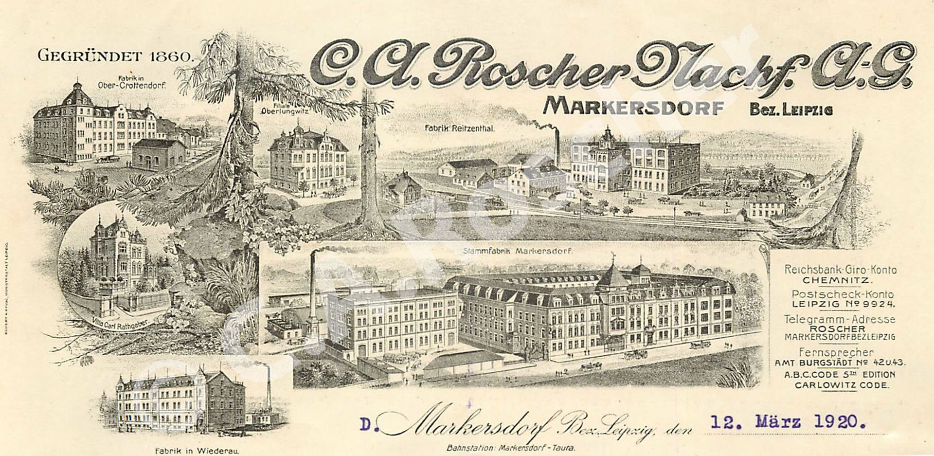 Briefkopf der Firma C.A. Roscher aus dem Jahre 1920