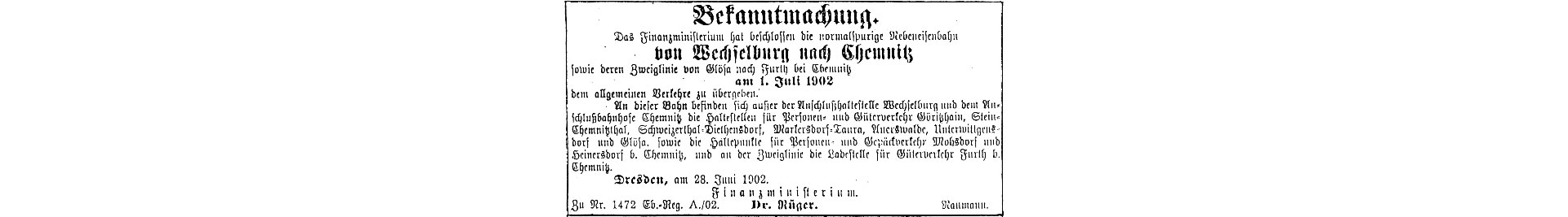 Bekanntmachung zur Übergabe der Chemnitztalbahn 1902