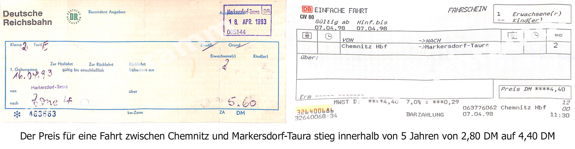 Fahrkarten aus den Jahren 1993 und 1998