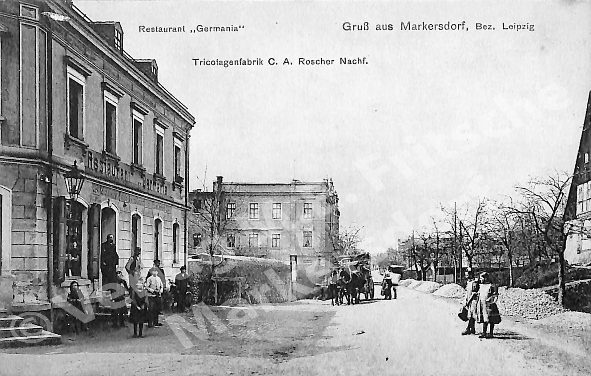 Postkarte Markersdorf Tricotagenfabrik C. A. Roscher Nachf. / Restaurant "Germania"